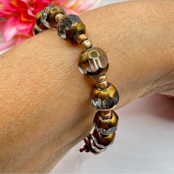 Cut Glass Round Bead Bracelet Copper Tone Electroplated Toggle Clasp 8” Length - Picture 8 of 11